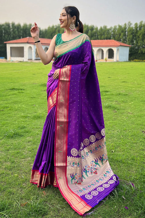 Load image into Gallery viewer, Blissful Purple Paithani Silk Saree With Brood Blouse Piece
