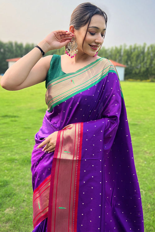 Load image into Gallery viewer, Blissful Purple Paithani Silk Saree With Brood Blouse Piece
