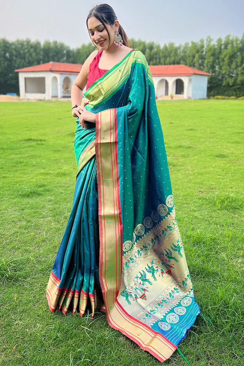 Load image into Gallery viewer, Gossamer Rama Paithani Silk Saree With Quintessential Blouse Piece
