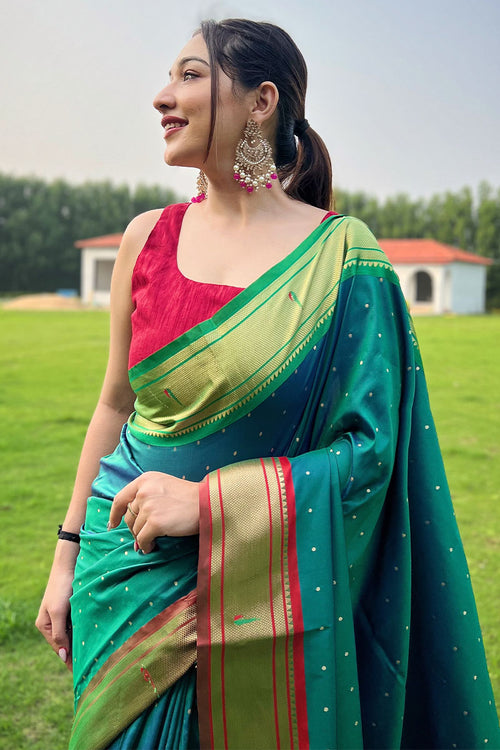 Load image into Gallery viewer, Gossamer Rama Paithani Silk Saree With Quintessential Blouse Piece
