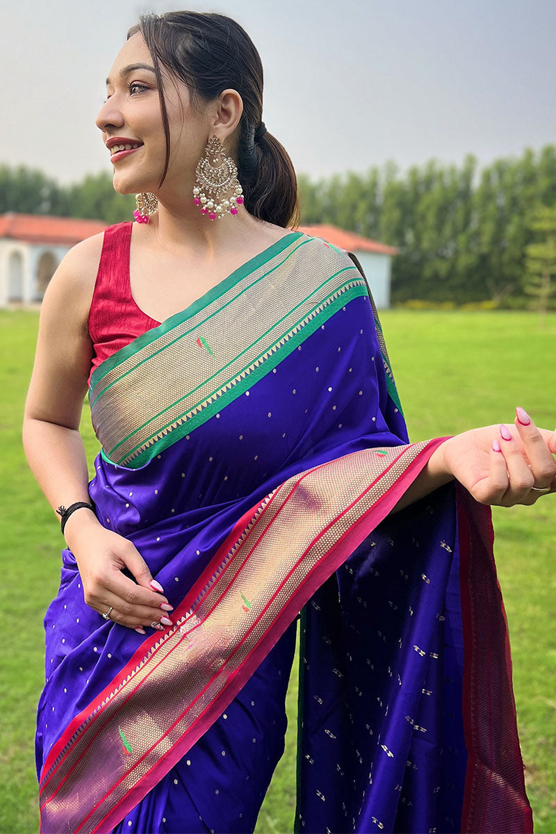 Incredible Royal Blue Paithani Silk Saree With Tempting Blouse Piece