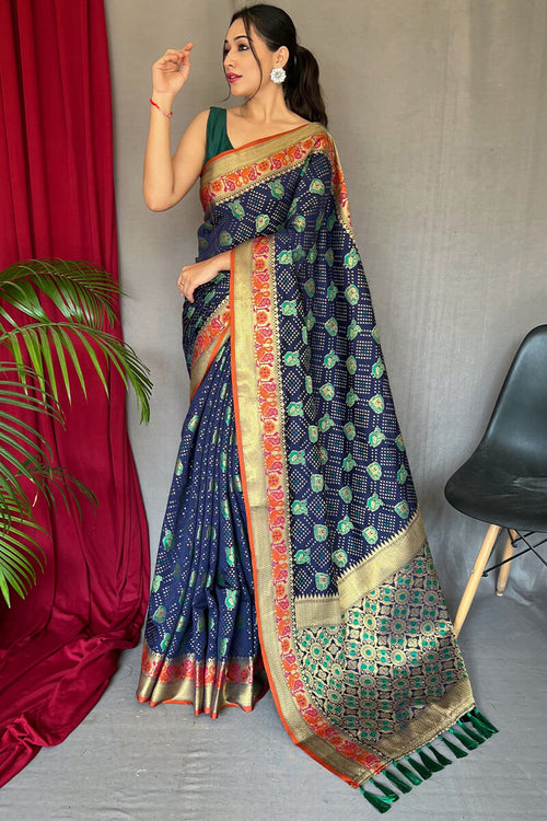 Load image into Gallery viewer, Beauteous Navy Blue Patola Silk Saree with Chatoyant Blouse Piece
