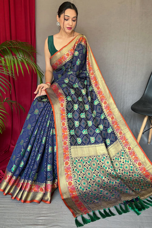 Load image into Gallery viewer, Beauteous Navy Blue Patola Silk Saree with Chatoyant Blouse Piece
