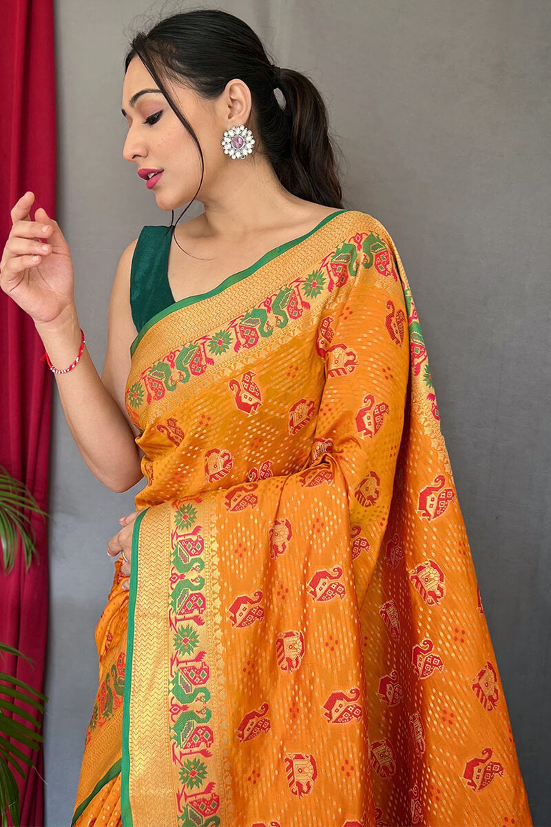 Embrocation Orange Patola Silk Saree with Lagniappe Blouse Piece