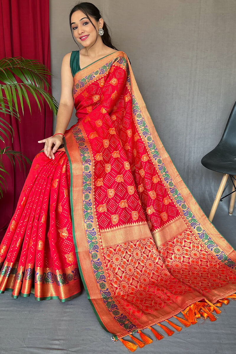 Serendipity Red Patola Silk Saree with Engaging Blouse Piece