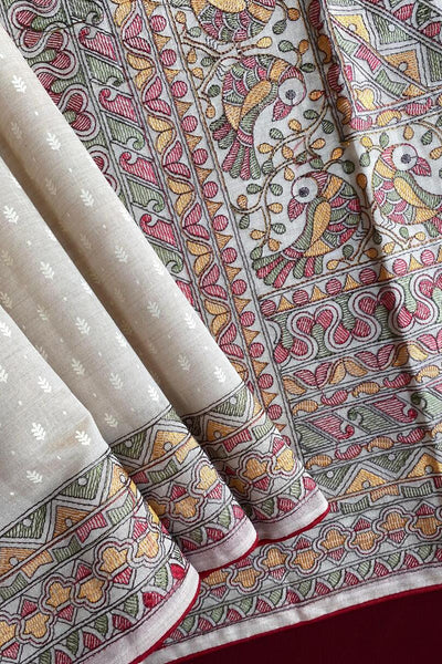 Flattering Off White Embroidery Work Tussar Silk Saree With Amiable Blouse Piece