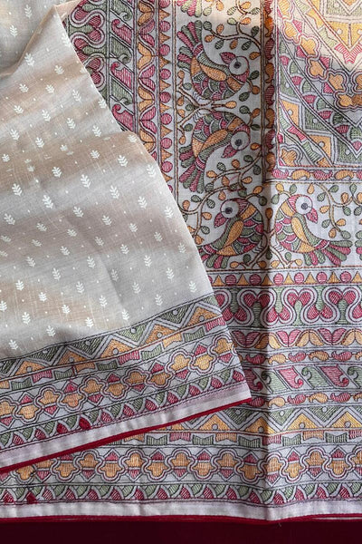 Flattering Off White Embroidery Work Tussar Silk Saree With Amiable Blouse Piece