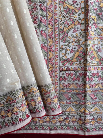 Flattering Off White Embroidery Work Tussar Silk Saree With Amiable Blouse Piece