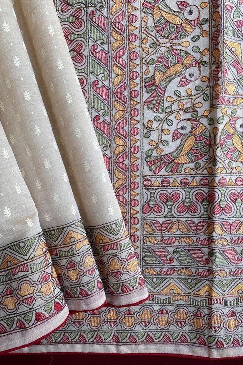 Load image into Gallery viewer, Flattering Off White Embroidery Work Tussar Silk Saree With Amiable Blouse Piece
