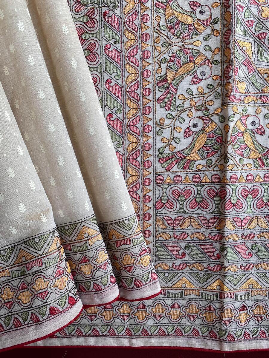 Flattering Off White Embroidery Work Tussar Silk Saree With Amiable Blouse Piece