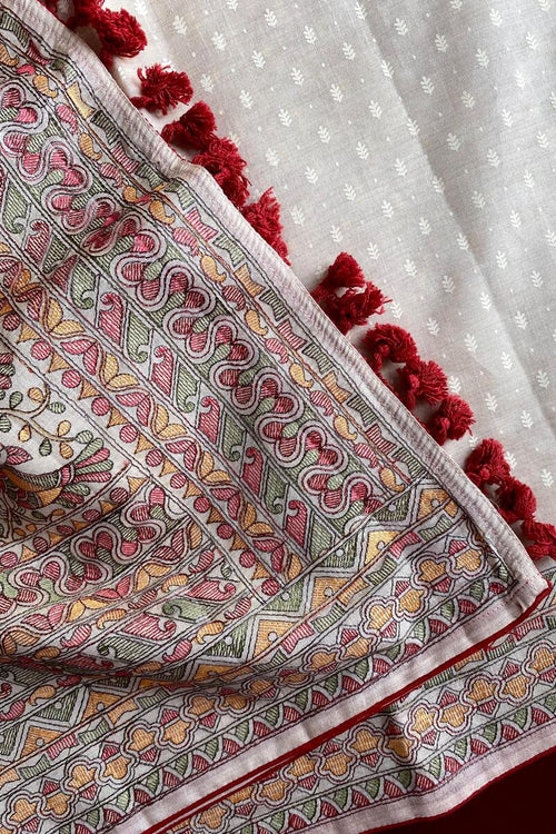 Load image into Gallery viewer, Flattering Off White Embroidery Work Tussar Silk Saree With Amiable Blouse Piece
