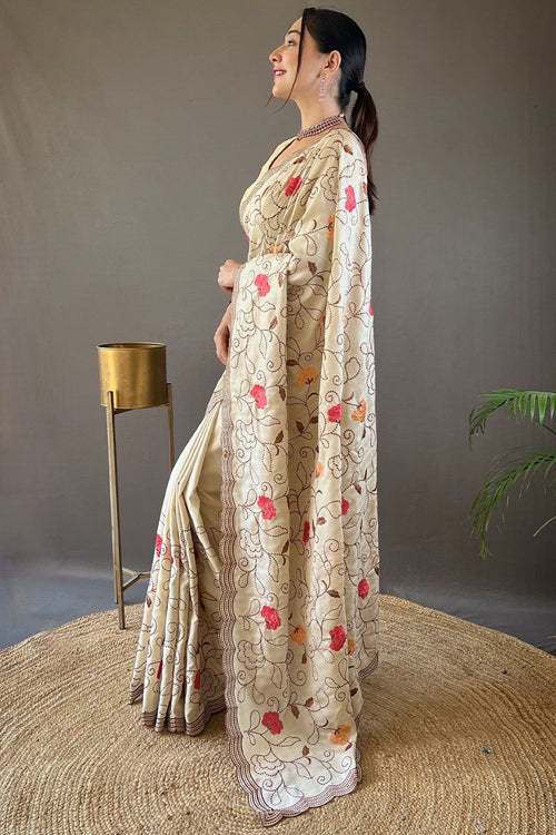 Load image into Gallery viewer, Precious Beige Embroidery Work Tussar Silk Saree With Phenomenal Blouse Piece
