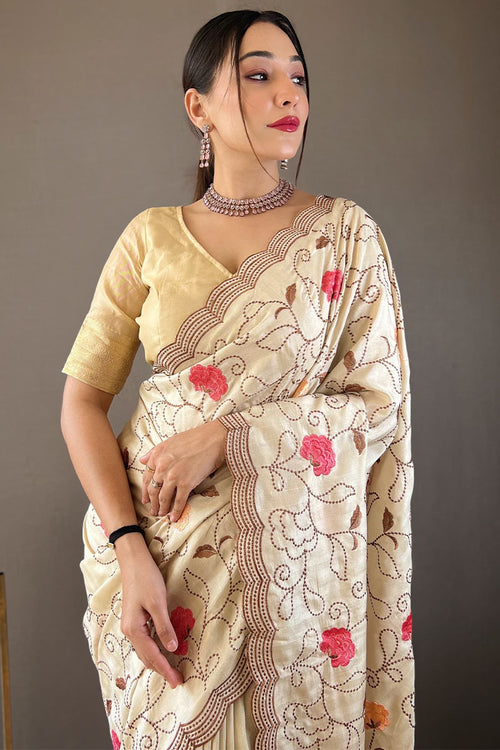 Load image into Gallery viewer, Precious Beige Embroidery Work Tussar Silk Saree With Phenomenal Blouse Piece
