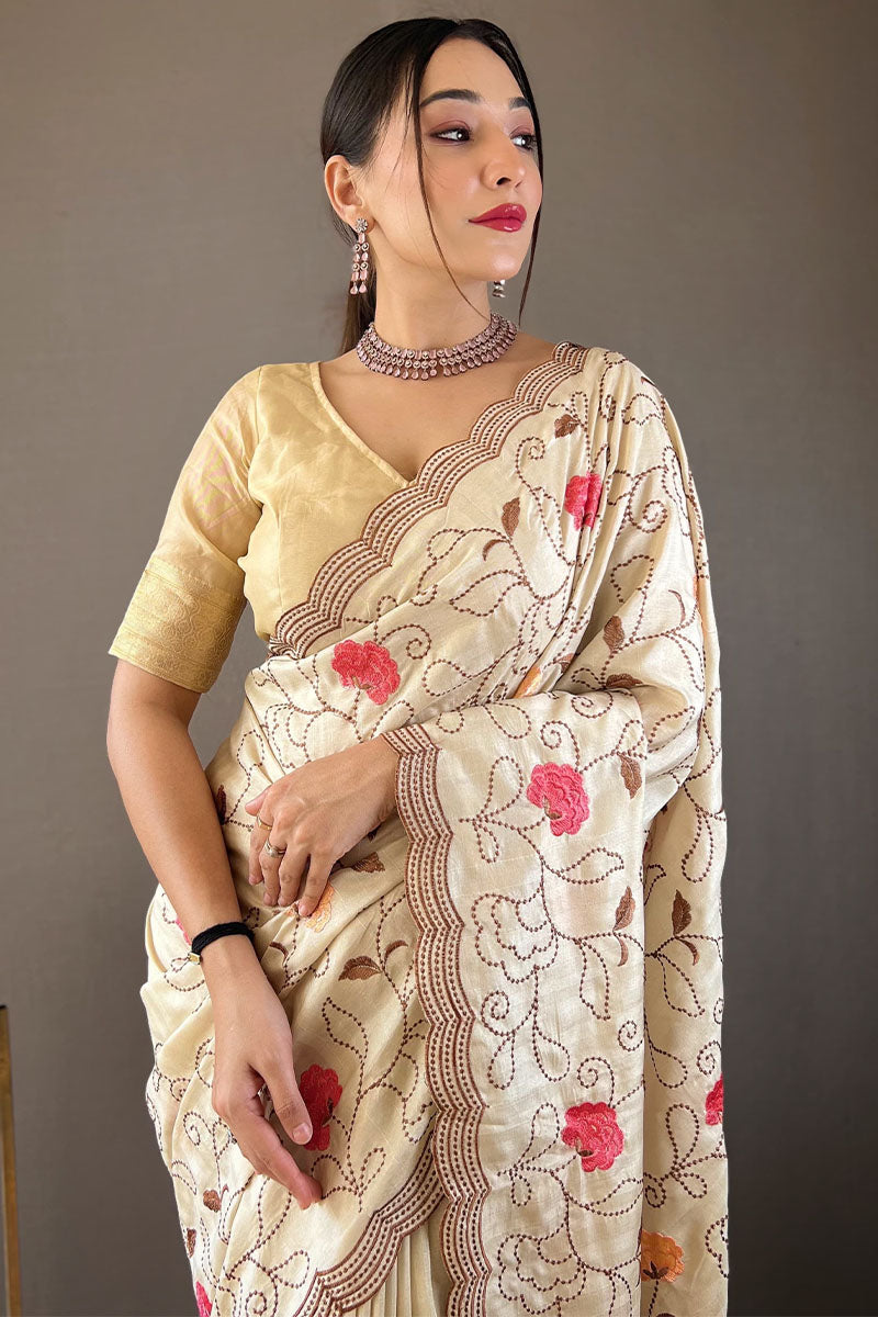 Precious Beige Embroidery Work Tussar Silk Saree With Phenomenal Blouse Piece