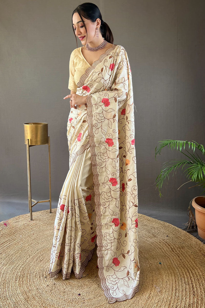 Precious Beige Embroidery Work Tussar Silk Saree With Phenomenal Blouse Piece