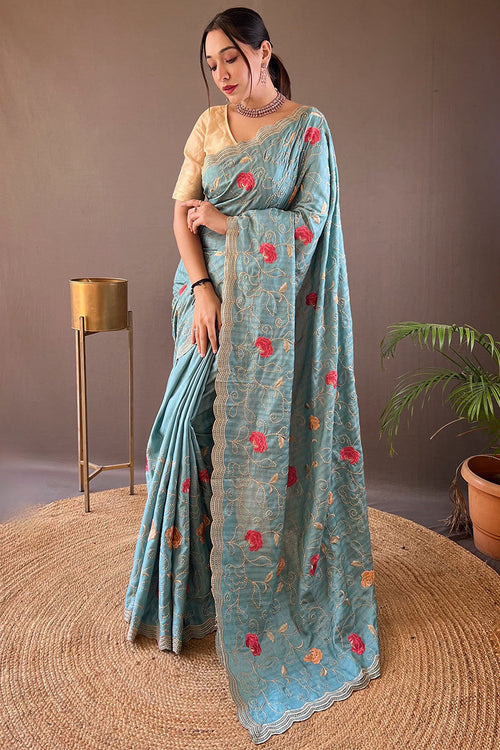 Load image into Gallery viewer, Demure Firozi Embroidery Work Tussar Silk Saree With Fugacious Blouse Piece
