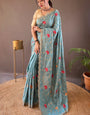 Demure Firozi Embroidery Work Tussar Silk Saree With Fugacious Blouse Piece