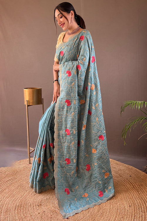 Load image into Gallery viewer, Demure Firozi Embroidery Work Tussar Silk Saree With Fugacious Blouse Piece
