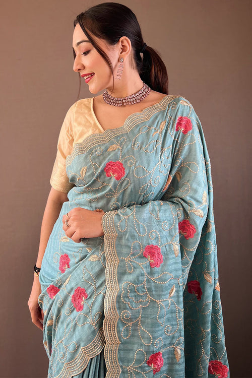 Load image into Gallery viewer, Demure Firozi Embroidery Work Tussar Silk Saree With Fugacious Blouse Piece
