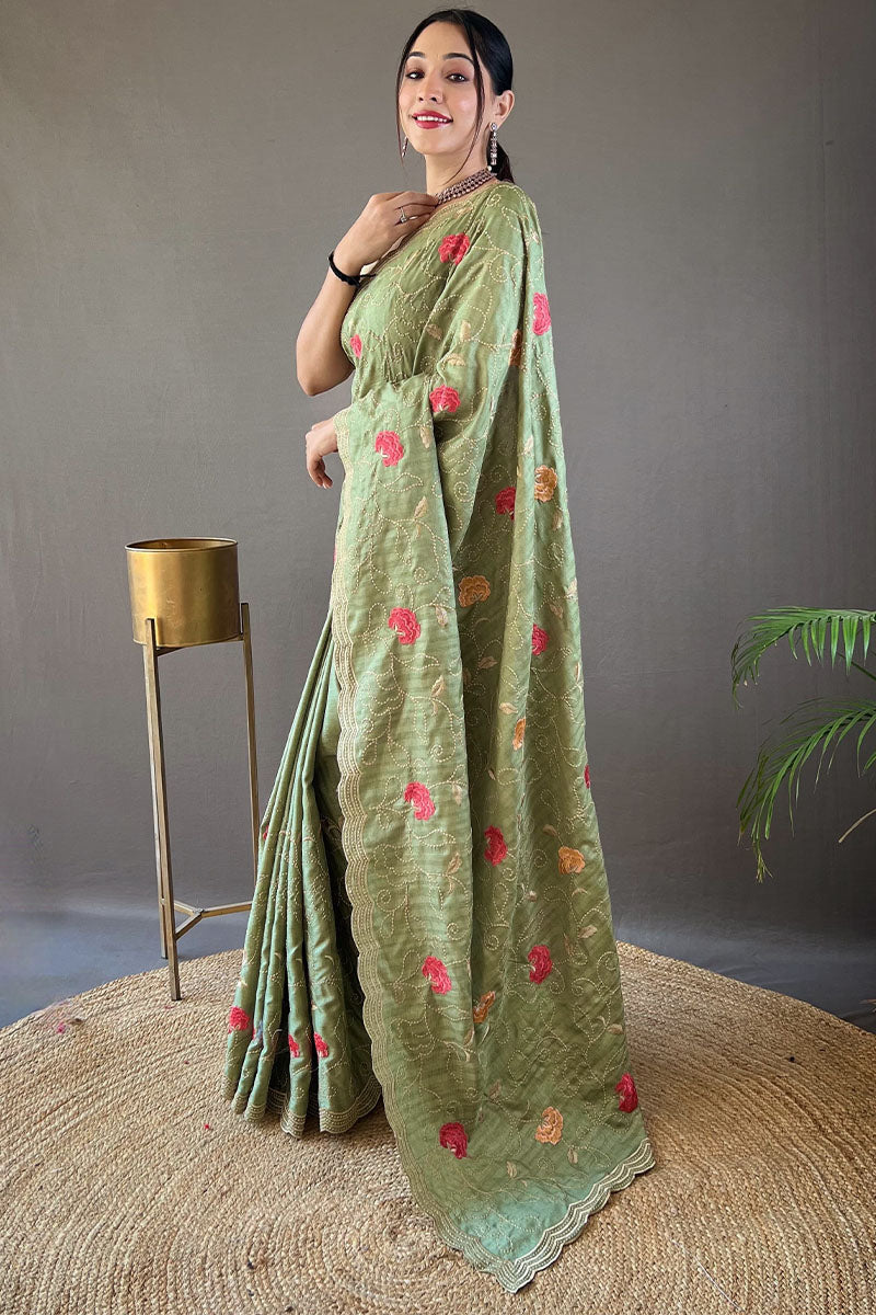 Quintessential Green Embroidery Work Tussar Silk Saree With Susurrous Blouse Piece