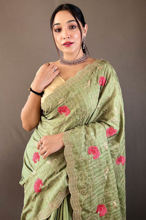 Load image into Gallery viewer, Quintessential Green Embroidery Work Tussar Silk Saree With Susurrous Blouse Piece
