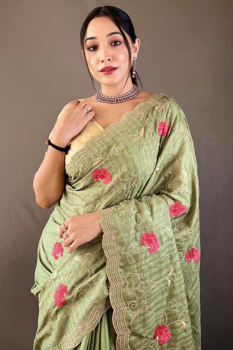 Quintessential Green Embroidery Work Tussar Silk Saree With Susurrous Blouse Piece