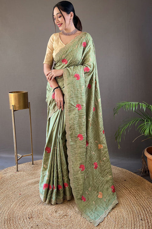 Load image into Gallery viewer, Quintessential Green Embroidery Work Tussar Silk Saree With Susurrous Blouse Piece
