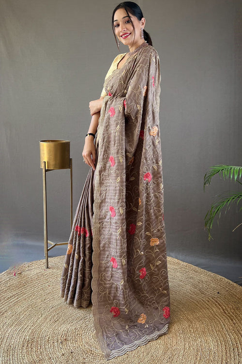 Load image into Gallery viewer, Magnetic Grey Embroidery Work Tussar Silk Saree With Staggering Blouse Piece
