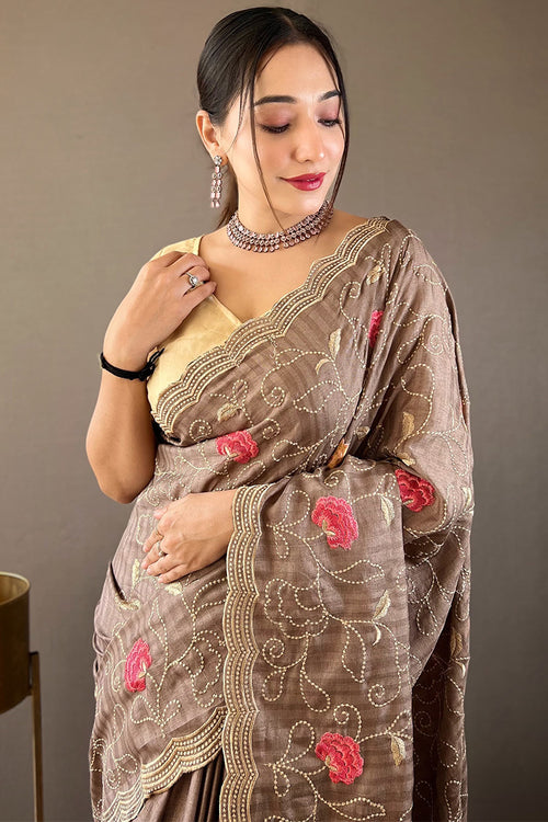 Load image into Gallery viewer, Magnetic Grey Embroidery Work Tussar Silk Saree With Staggering Blouse Piece
