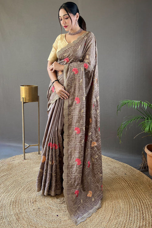 Load image into Gallery viewer, Magnetic Grey Embroidery Work Tussar Silk Saree With Staggering Blouse Piece
