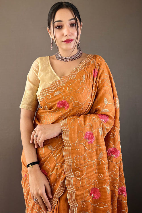 Load image into Gallery viewer, Amiable Orange Embroidery Work Tussar Silk Saree With Fragrant Blouse Piece
