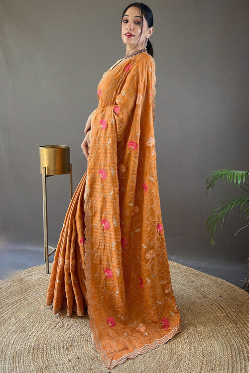 Load image into Gallery viewer, Amiable Orange Embroidery Work Tussar Silk Saree With Fragrant Blouse Piece
