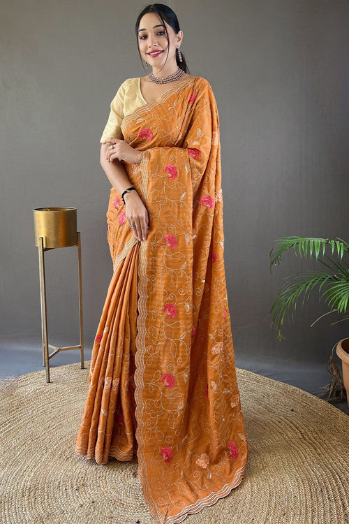 Load image into Gallery viewer, Amiable Orange Embroidery Work Tussar Silk Saree With Fragrant Blouse Piece
