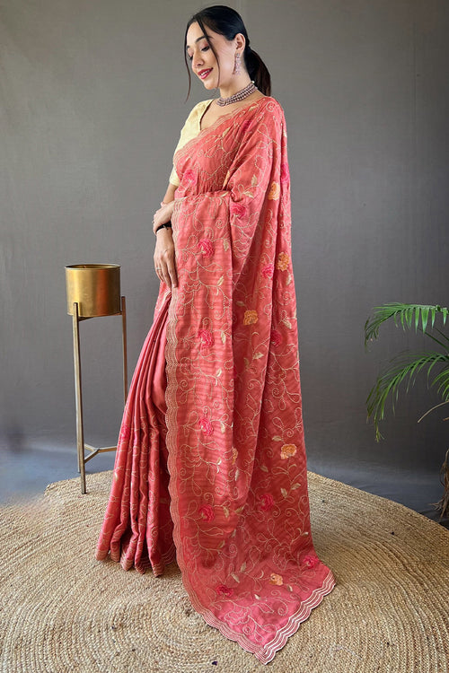 Load image into Gallery viewer, Tempting Pink Embroidery Work Tussar Silk Saree With Imaginative Blouse Piece
