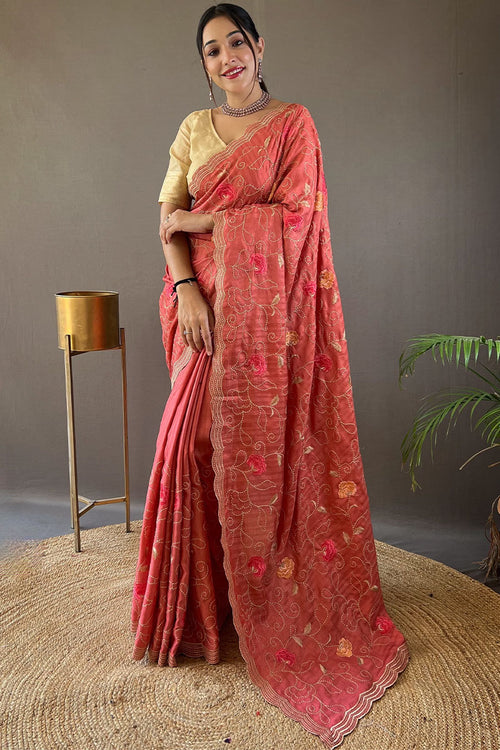 Load image into Gallery viewer, Tempting Pink Embroidery Work Tussar Silk Saree With Imaginative Blouse Piece
