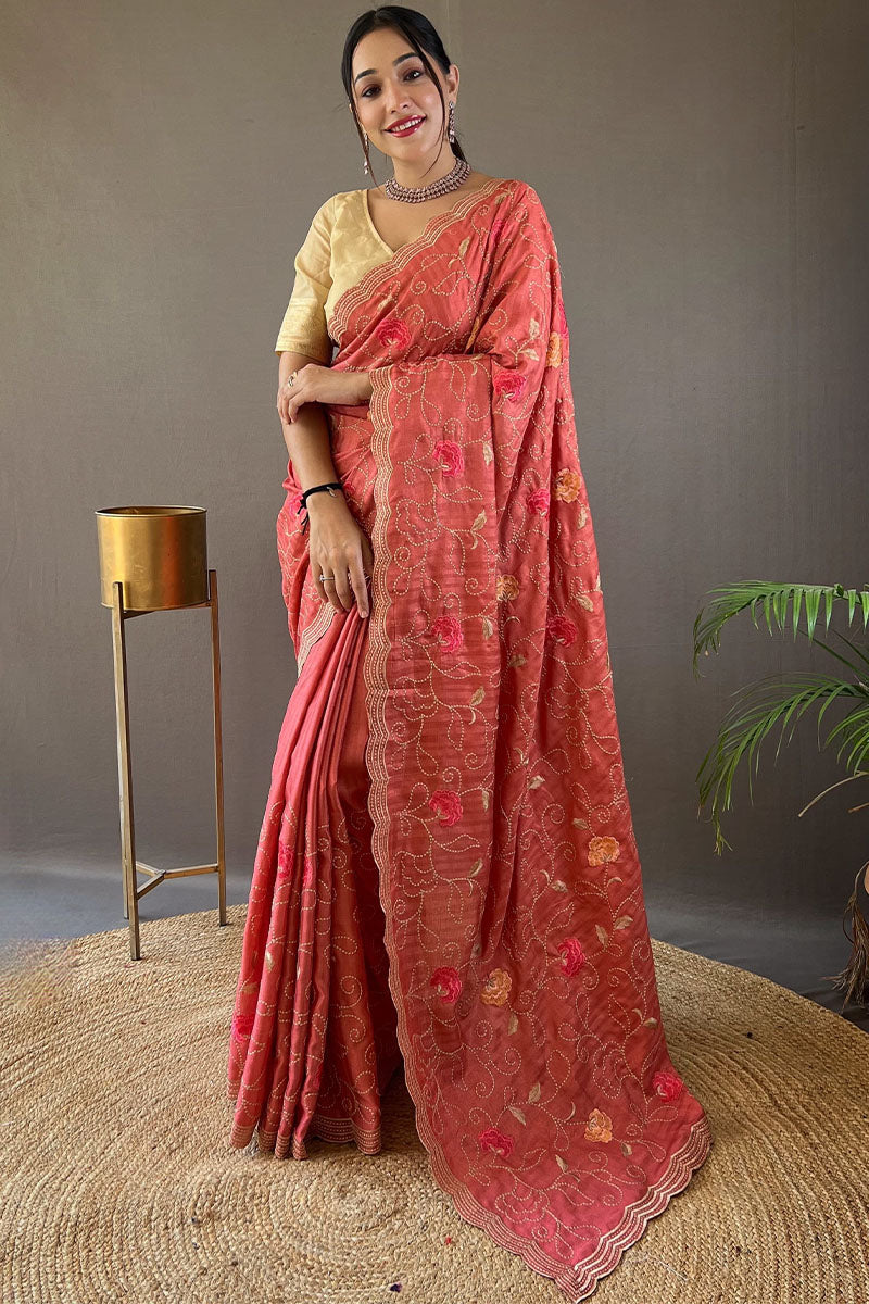 Tempting Pink Embroidery Work Tussar Silk Saree With Imaginative Blouse Piece