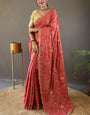 Tempting Pink Embroidery Work Tussar Silk Saree With Imaginative Blouse Piece