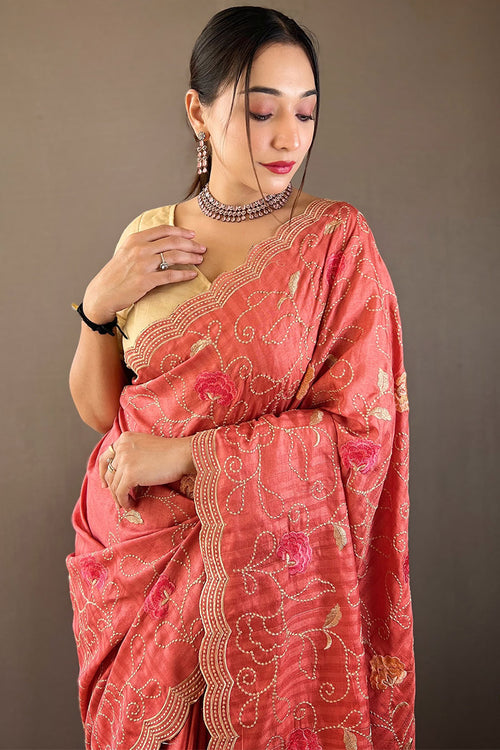 Load image into Gallery viewer, Tempting Pink Embroidery Work Tussar Silk Saree With Imaginative Blouse Piece
