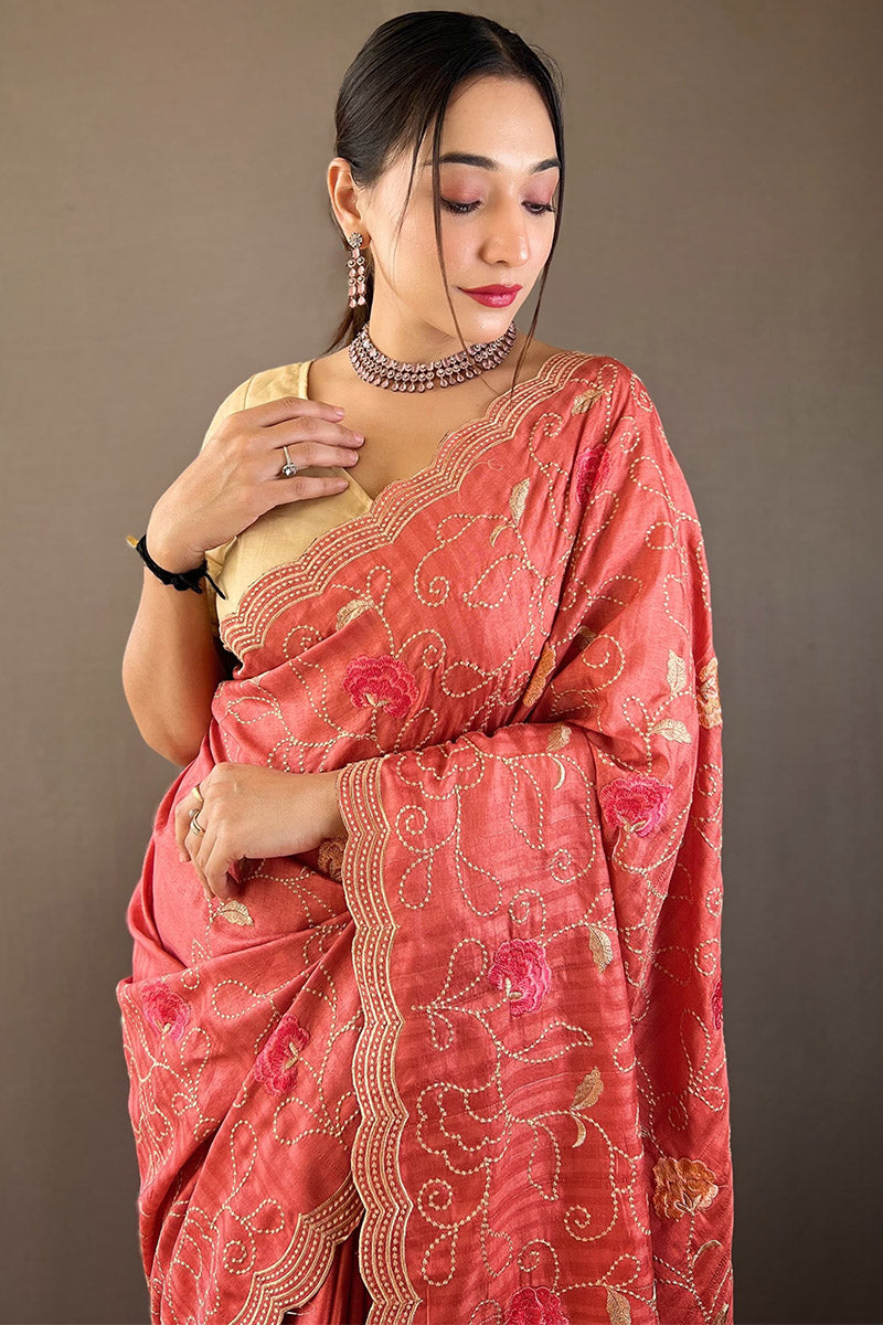 Tempting Pink Embroidery Work Tussar Silk Saree With Imaginative Blouse Piece