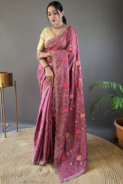 Load image into Gallery viewer, Whimsical Wine Embroidery Work Tussar Silk Saree With Elaborate Blouse Piece
