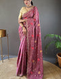 Whimsical Wine Embroidery Work Tussar Silk Saree With Elaborate Blouse Piece