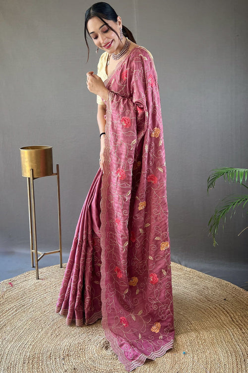 Load image into Gallery viewer, Whimsical Wine Embroidery Work Tussar Silk Saree With Elaborate Blouse Piece
