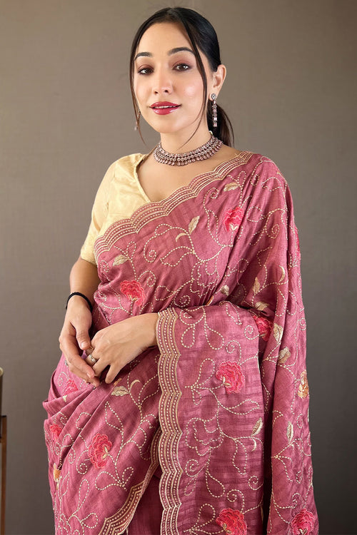 Load image into Gallery viewer, Whimsical Wine Embroidery Work Tussar Silk Saree With Elaborate Blouse Piece
