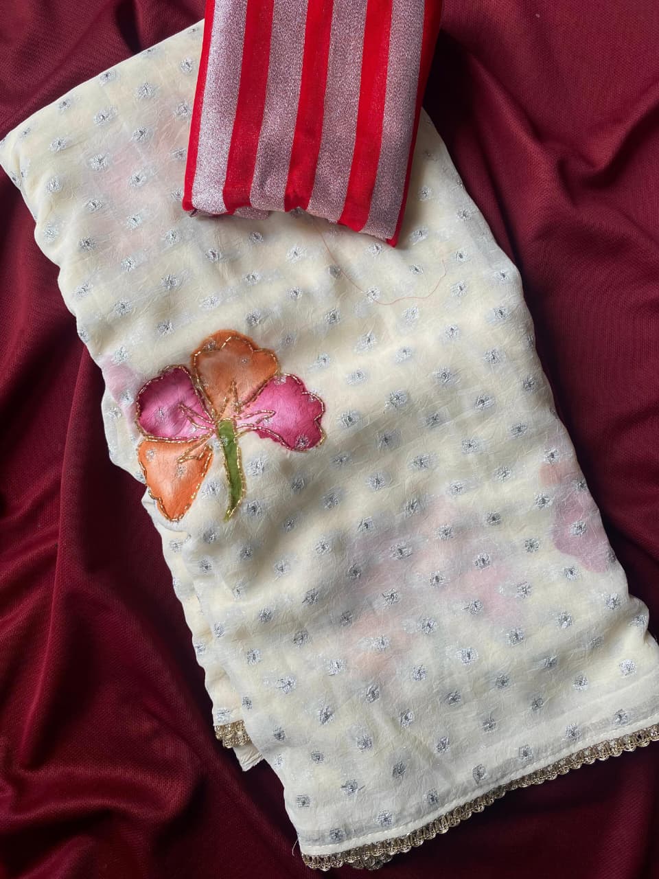 Dalliance Off White Handwork Crush Silk Saree With Unique Blouse Piece