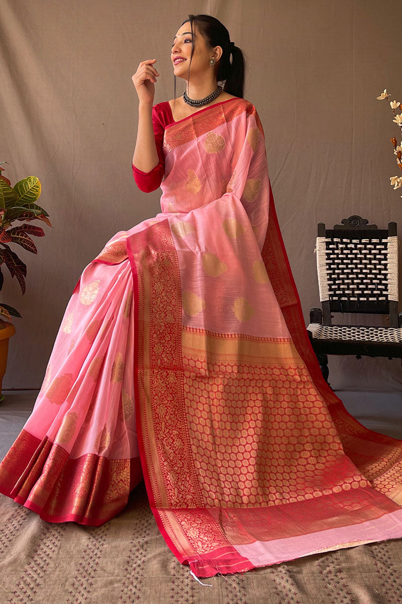 Piquant Baby Pink Cotton Silk Saree With Ethereal Blouse Piece