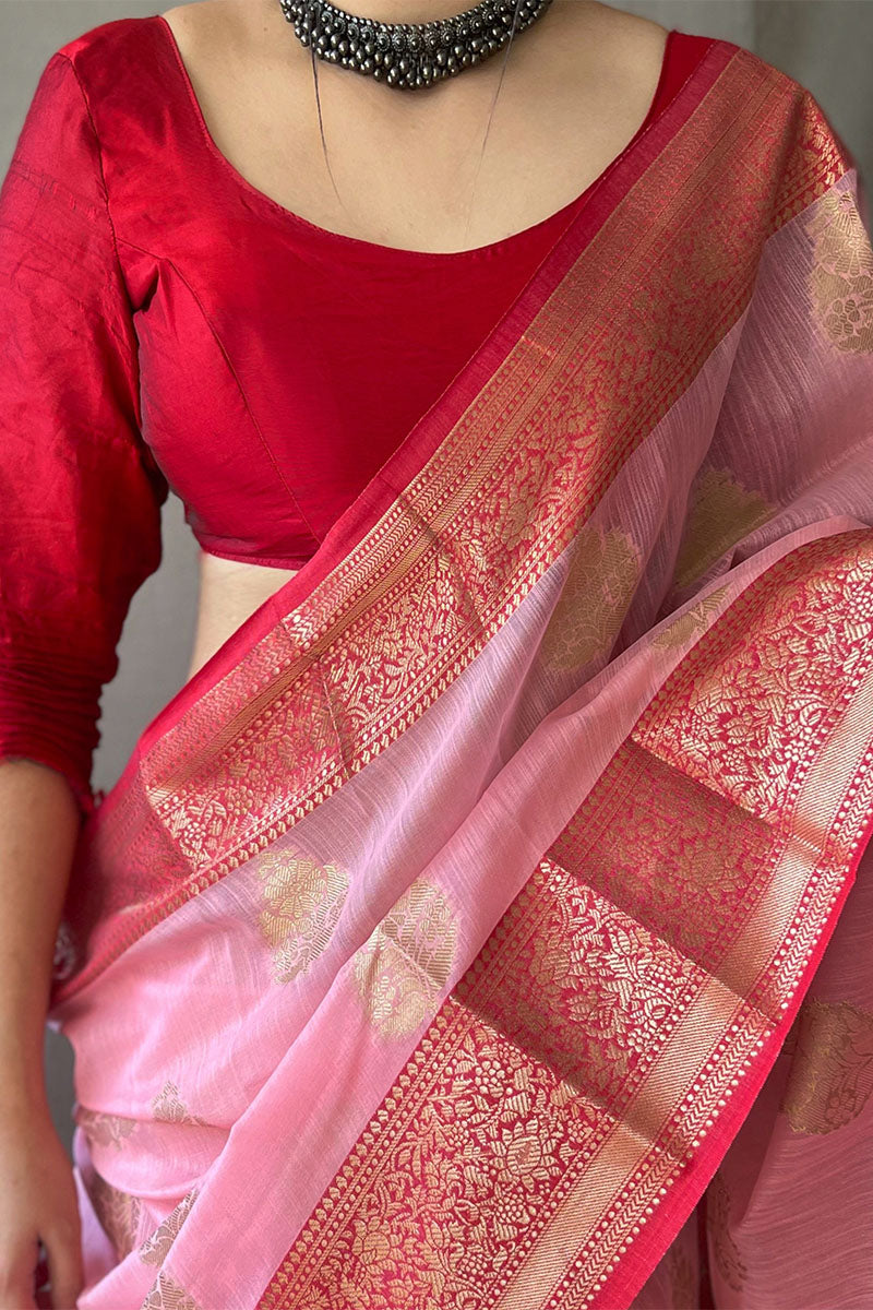 Piquant Baby Pink Cotton Silk Saree With Ethereal Blouse Piece