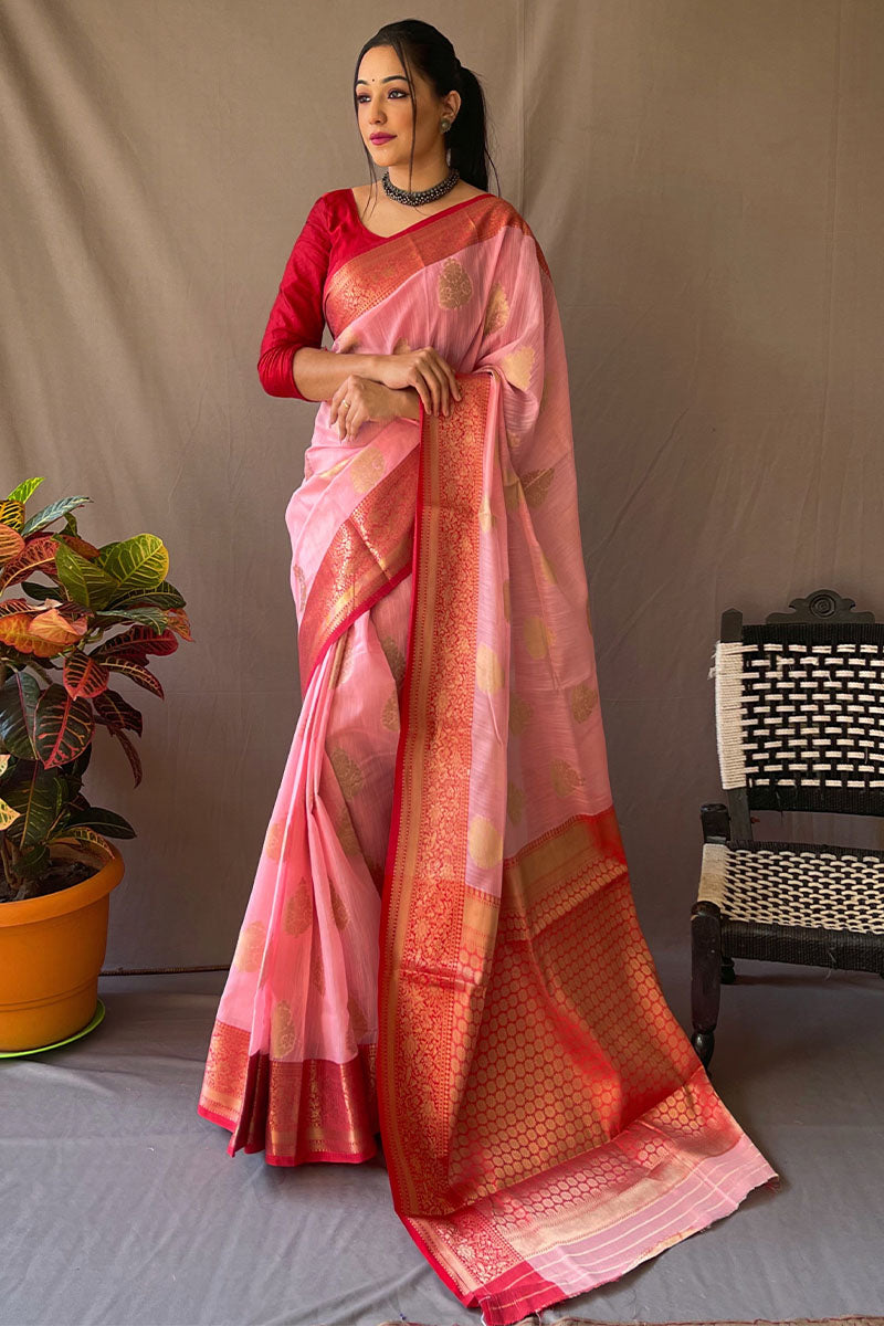 Piquant Baby Pink Cotton Silk Saree With Ethereal Blouse Piece