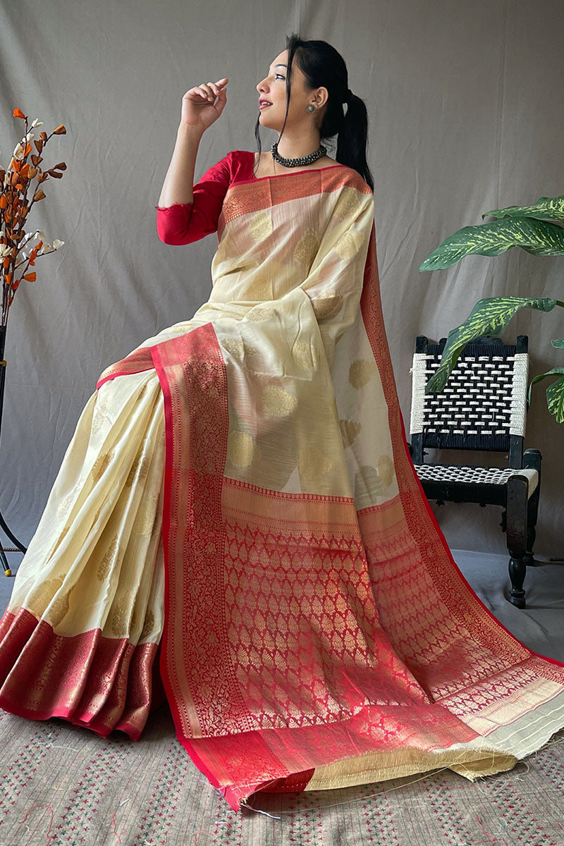 Panache Beige Cotton Silk Saree With Scrupulous Blouse Piece