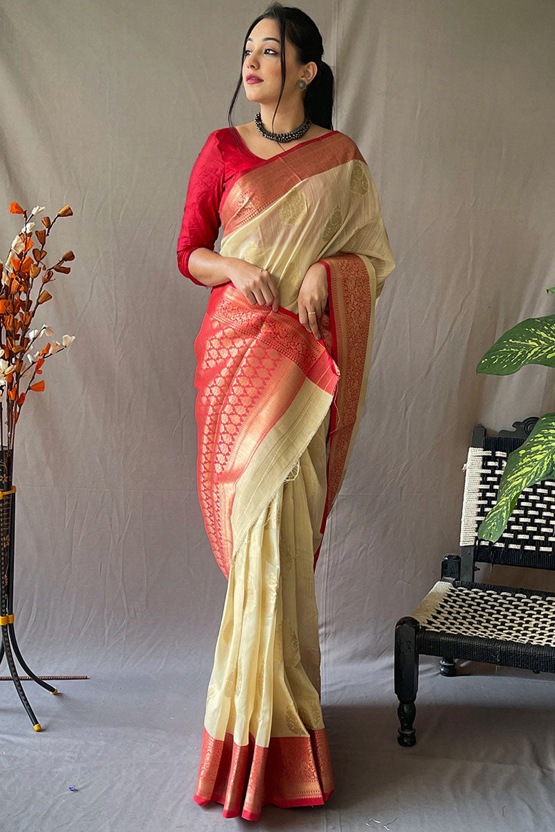 Panache Beige Cotton Silk Saree With Scrupulous Blouse Piece