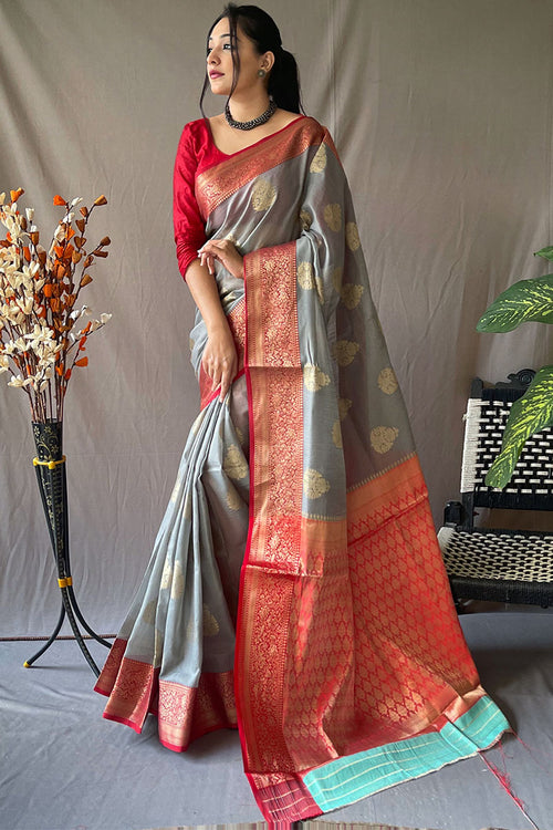 Load image into Gallery viewer, Glamorous Grey Cotton Silk Saree With Winsome Blouse Piece
